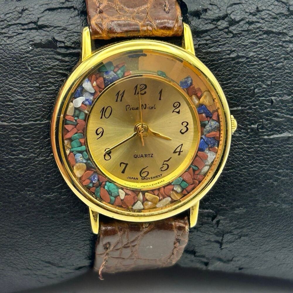 Vintage Pierre Nicol Gold-tone Quartz Watch with Multi-colored Stone Dial